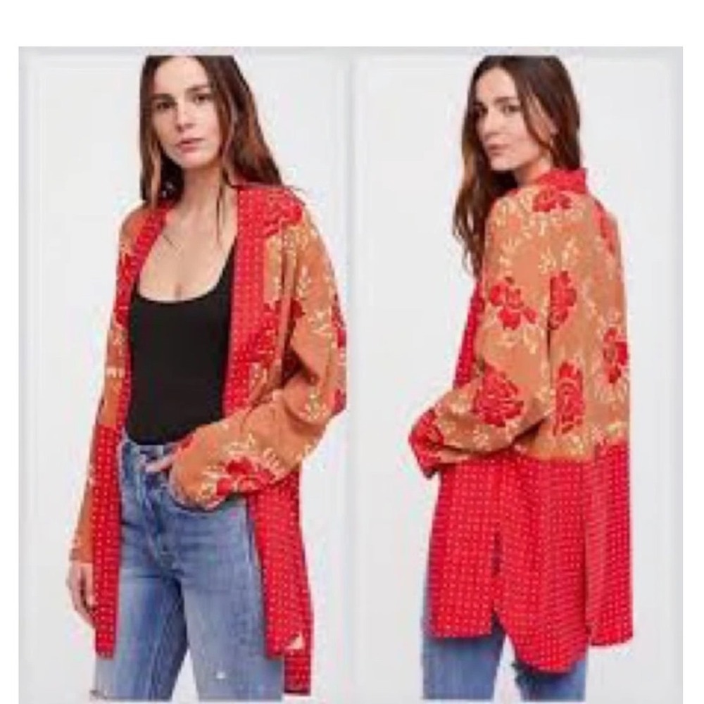 Free People‎ Womens Forget Me Knot Open Kimono Floral Tan Red Boho Festival XS